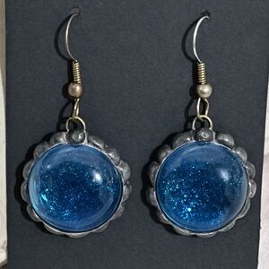 Blue Glass Cabochon Dangle Earrings – Silver Tone Costume Jewelry